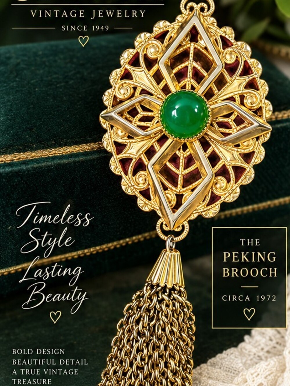 Vintage Sarah Coventry Peking Green Cabochon Brooch Gold Tone Dangle 1972
